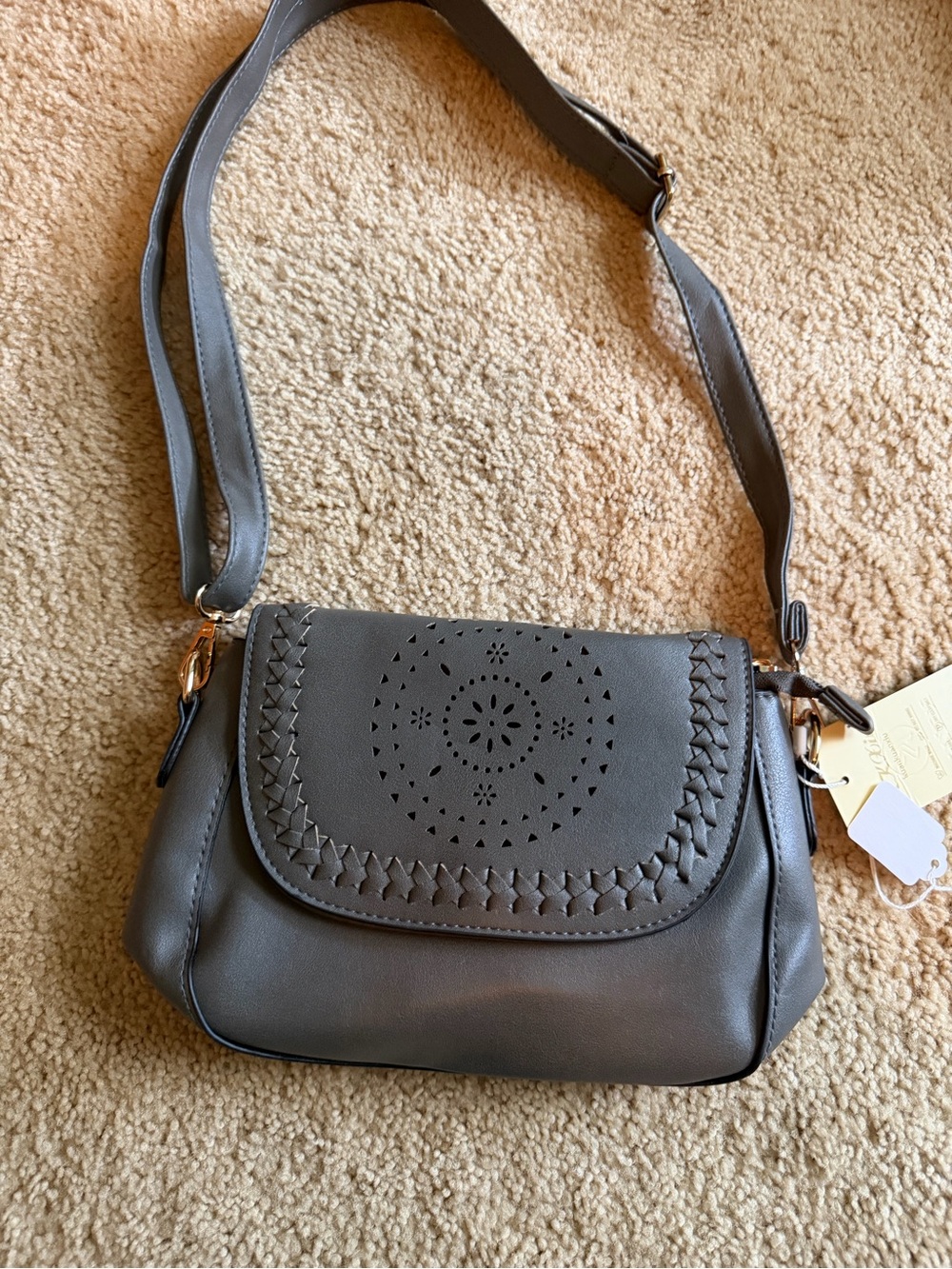 Women’s Grey Crossbody Shoulder Bag with Decorative Laser-Cut Flap